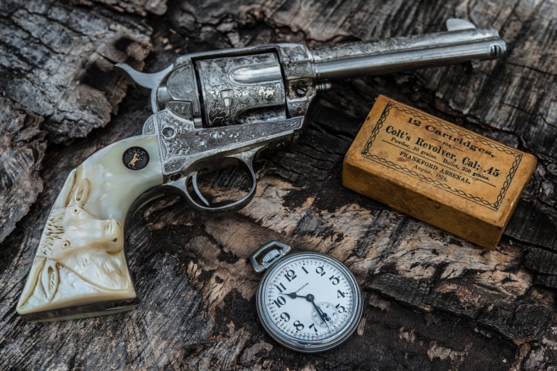 HDR, .45 Colt, no people, indoors, time, aggression, revolver, obsolete, ammunition, retro styled, gun, antique, weapon, wood - material, clock, table