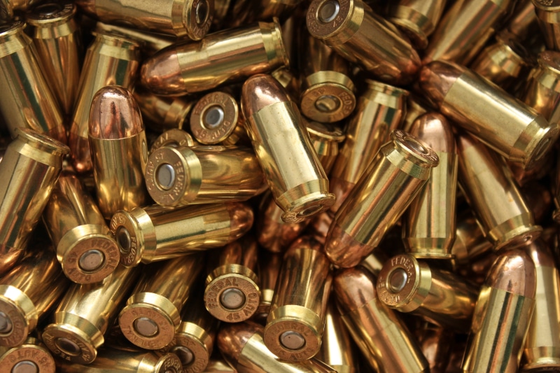 warning sign, gun, cartridges, screw, war, military, day, group of Objects, indoors, weapons, large Group of Objects, gold colored, brass, 4K, abundance