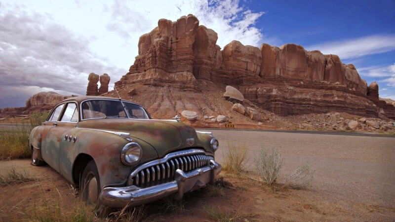 utah, 4K, navajo twins, vehicle, abondoned, tree, car, rust, plant, navajo twin rocks, vintage car, junkyard, usa, classic car, rusty, landscape, twin rocks