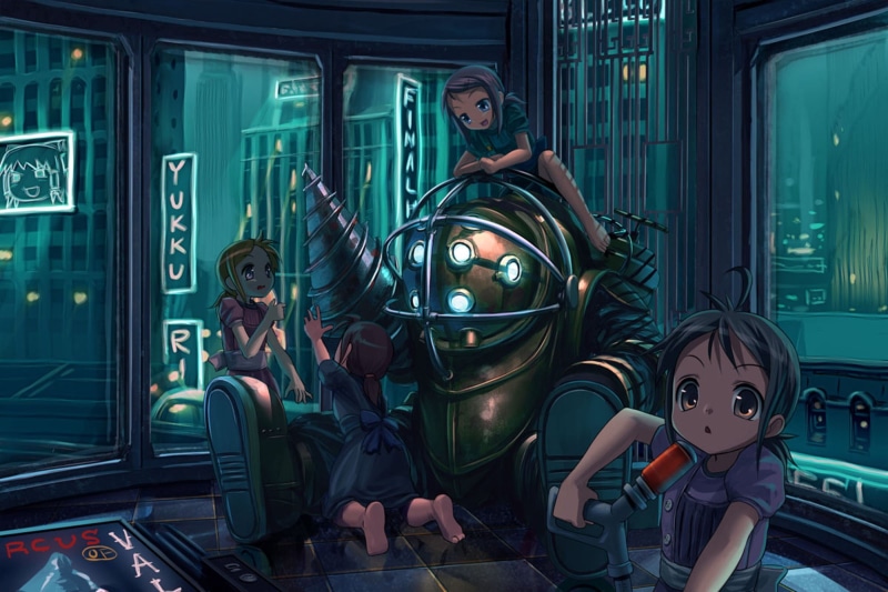 illuminated, train, travel, BioShock 2, Little Sister, illustration, rail transportation, human representation, transportation, mode of transportation