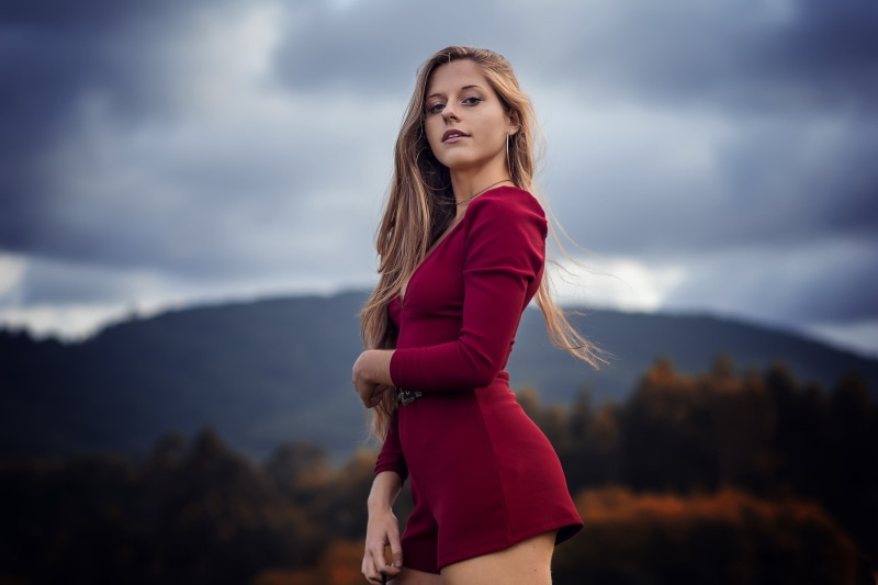 1080P, long hair, hoop earrings, women, red dress, windy, model, blonde