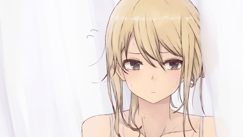 looking at camera, original characters, white background, portrait, hairstyle, blonde, close-up, bare shoulders, sweat, young women, young adult, women