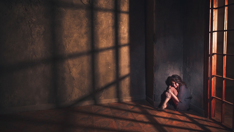 emotion, window, one person, corner, brunette, hopelessness, wall, despair, see-through clothing, model, adult, waiting, long hair, day, on the floor, contemplation