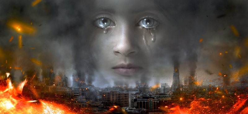 girl, dramatic, adult, contemplation, destruction, fantasy, smoke - physical structure, one person, suffering, emotion, young adult, flame, face, cry, nature
