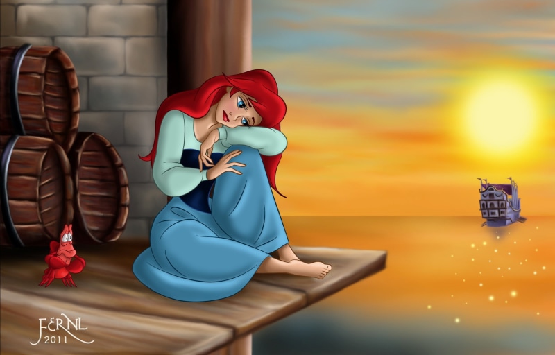 sunset, young adult, orange color, mermaid, front view, full length, cartoon, hopeless, one person, sitting, girl, sebastian, ariel, women, sadness, Cartoons