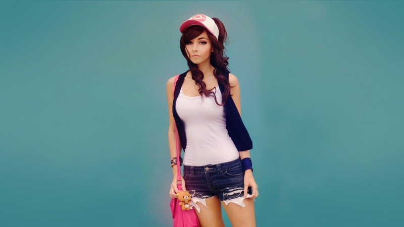 beautiful woman, beautiful people, simple background, clothing, camisole, Pokémon trainers, brunette, Pokémon, three quarter length, lifestyles, adult