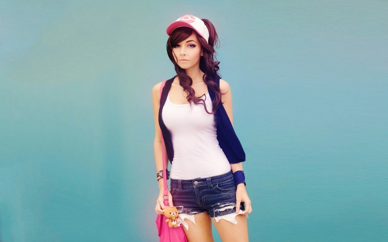 jean shorts, model, cosplay, 2K, brunette, Pokémon, women, simple background, Amy Thunderbolt