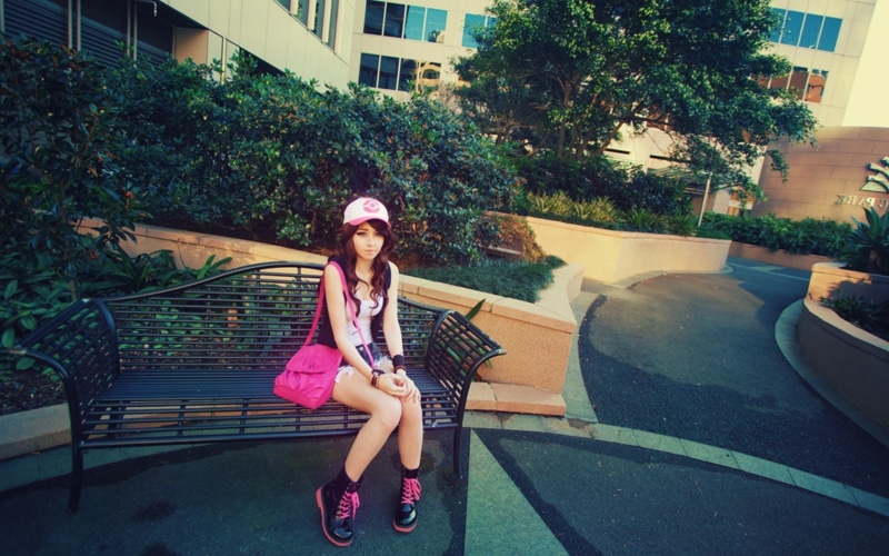 fashion, 720P, swimming pool, full length, lifestyles, young adult, plant, casual clothing, architecture, sitting, tree, outdoors, Pokémon Trainers, real people