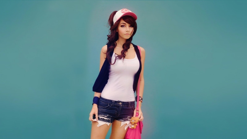 hairstyle, three quarter length, young adult, fashion, women, hair, beautiful people, shorts, anime, standing, Pokémon Trainers, 1080P, studio shot, Simple Background