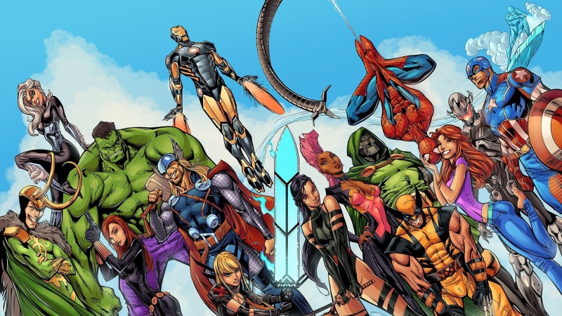 statue, day, female likeness, Wolverine, sculpture, low angle view, Mary Jane Watson, human representation, creativity, Spider-Man, Captain America, no people
