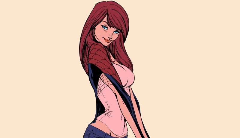blue eyes, look, costume, looks, 5K, jeans, character, mary jane watson, red hair, drawing, Mike, girl