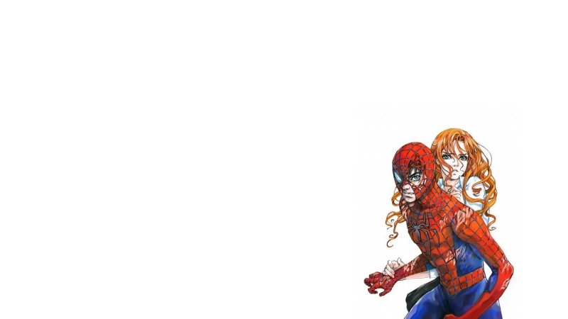 green eyes, ripped, blue eyes, Marvel, mask, simple background, Mary Jane Watson, artwork, Spider Man, redhead, superhero, couple, white background, fantasy