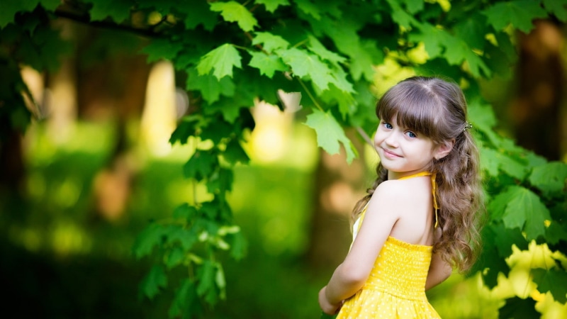 looking, dress, lifestyles, girls, elegance, hair, nature, bangs, one Person, flower, girl, leaves, standing, hairstyle, childhood, cute, springtime, innocence