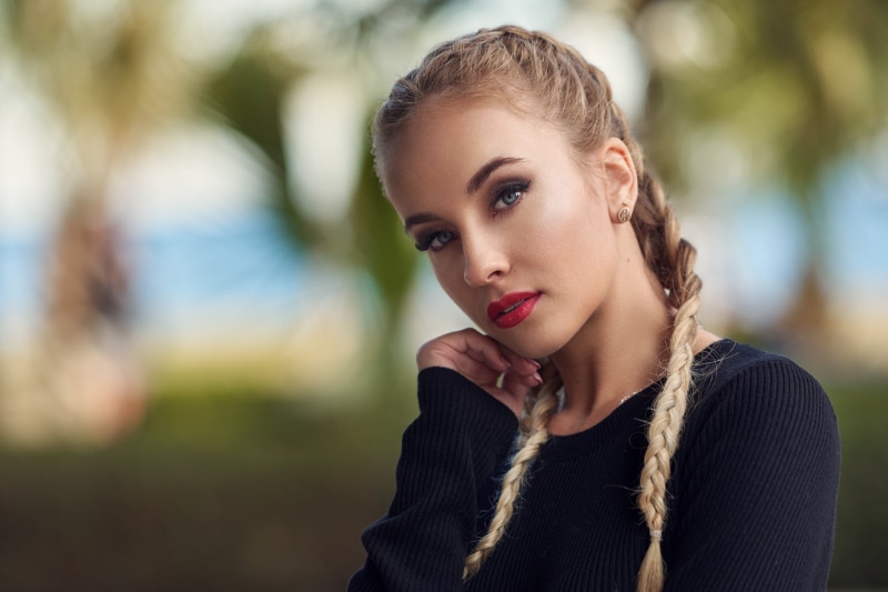 Karina Tikhonovskaya, blue eyes, Karina, pink nails, portrait, red lipstick, 720P, blonde, face, pigtails, women