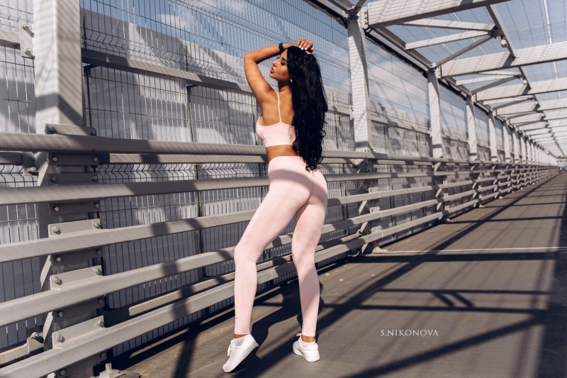 built structure, lifestyles, adult, pink clothing, sportswear, young adult, bridge, full length, Svetlana Nikonova, white nails, beautiful woman, young women