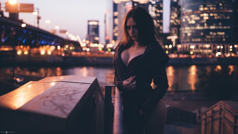 black bras, city lights, brunette, building, dress, outdoors, women, 2K, women outdoors, depth of field, Alina Cortez, bra, model, portrait, lights, cleavage