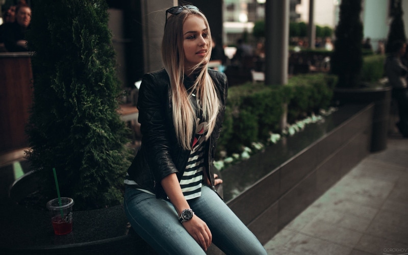 sitting, Maria Puchnina, blonde, blue, beauty, young adult, front view, focus on foreground, real people, leather jackets, teenager, looking, adult, 1080P