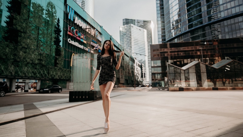 2K, brunette, women outdoors, tight dress, Yura Warner, Public, dress, women, minidress, sneakers, building