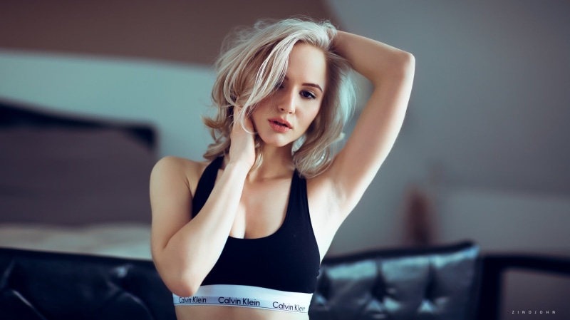 adult, young women, looking, blond hair, women, fashion model, beautiful people, beautiful woman, armpits, clothing, one person, Black top, face, indoors