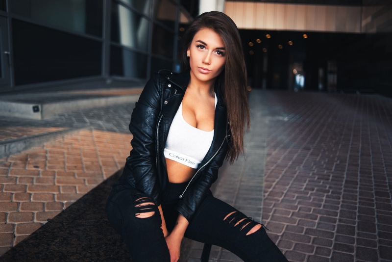 beauty, women, sitting, real people, focus on foreground, lifestyles, Daria Kudiolko, leather jackets, casual clothing, looking at camera, hairstyle, portrait