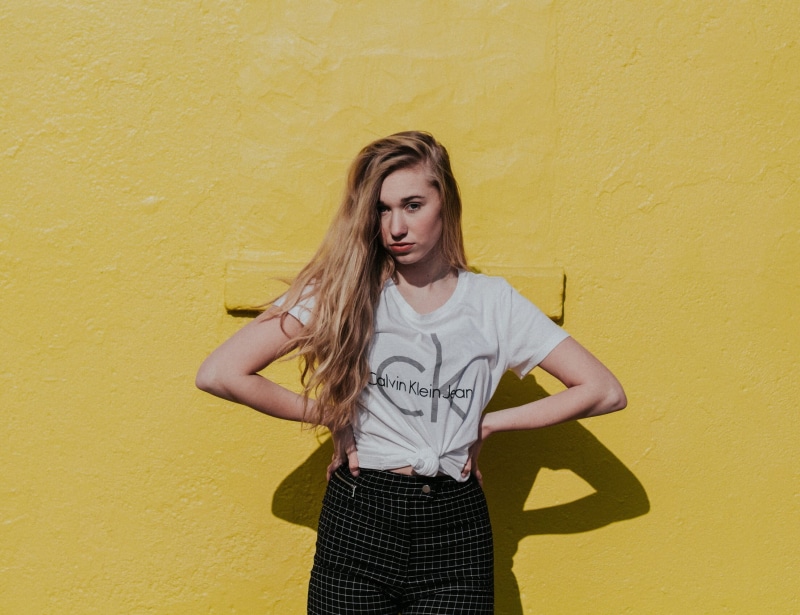 beautiful woman, standing, pose, female, yellow, calvin, girl, one person, hairstyle, crew, lifestyles, shirt, teenager, waist up, women, casual clothing