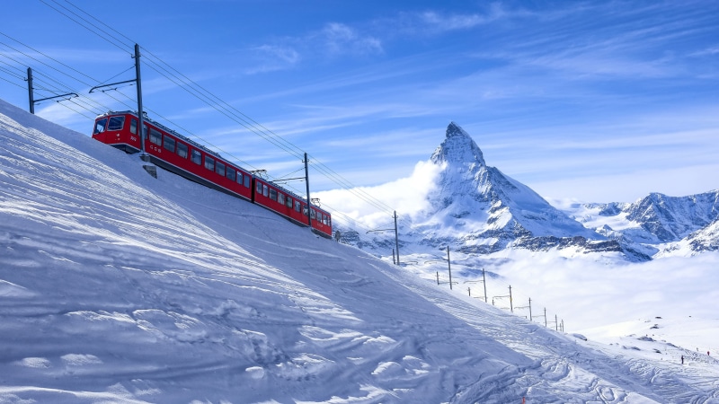 Alps, winter, Zermatt, Matterhorn, Switzerland, landscape, train, 4K, nature, clouds, snow, mountains