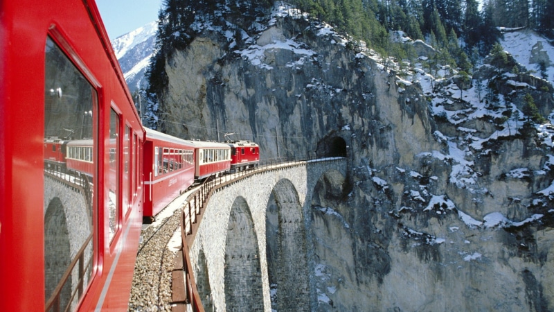 snow, landscape, railway, nature, clouds, train, reflection, Switzerland, tunnel, mountains, winter, bridge, 1080P, red, trees