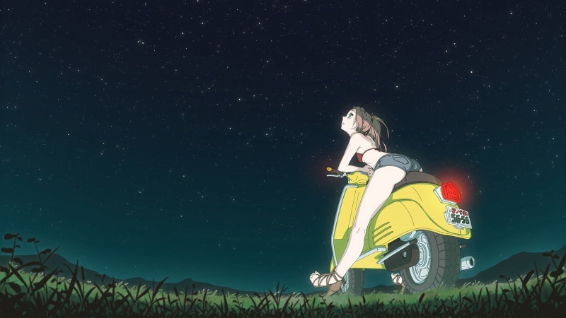 astronomy, standing, yellow, star - space, scooter, leisure activity, anime girls, plant, motorcycle, illustration, female, low angle view, FLCL, nature