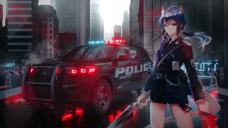 Chen (Arknights), anime, anime girls, police cars, 2K, Seymour, Arknights
