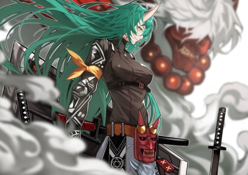 yoshi55level, Arknights, anime girls, anime, Oni, katana, Yoshio (artist), 1080P, Hoshiguma (Arknights), green hair, horns