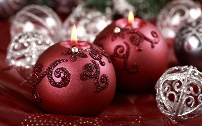 two, indoors, candles, holiday, celebration, Christmas ornaments , 2K, close-up, red, group of objects, decoration, event, New Year, christmas decoration