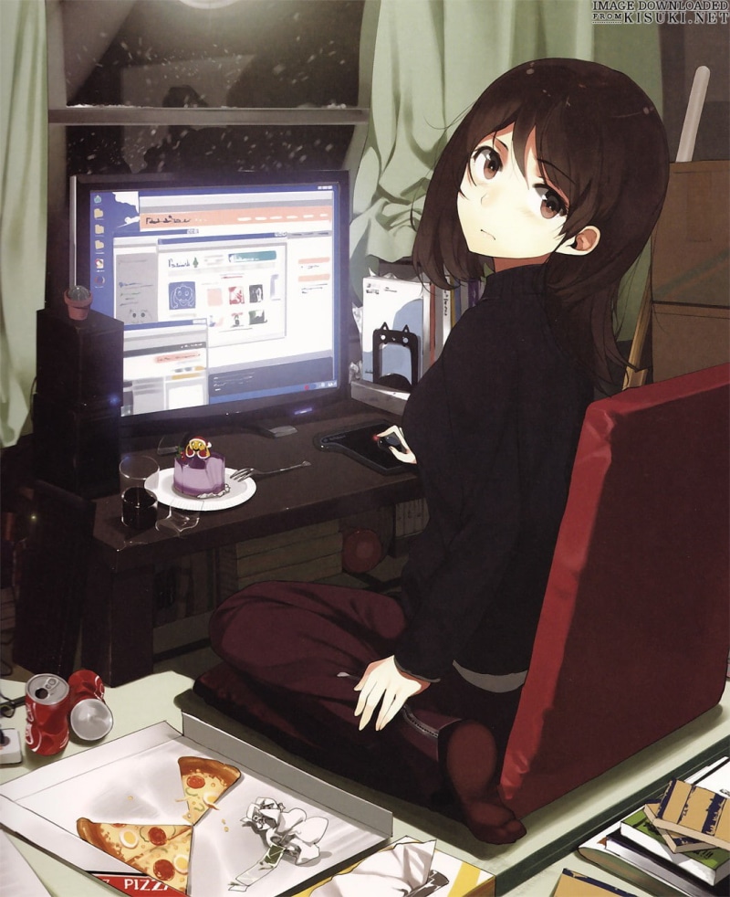 pizza, desk, anime girls, 720P, video game girls, computer, anime, calm
