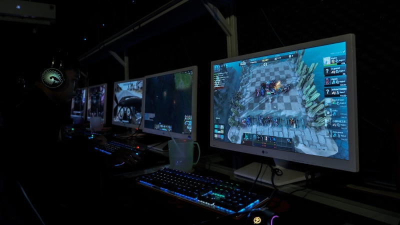 control, group, connection, monitor, computer hardware, computer monitor, indoors, urban, control panel, display, pc, equipment, dota 2, game room, lcd screen