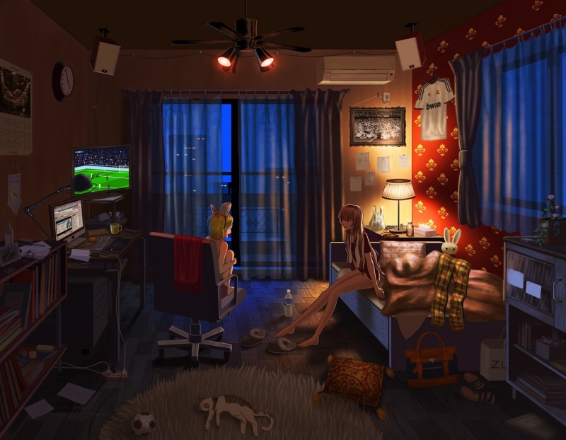 lamp, chandelier, night, things, socks, chair, 1080P, cat, nauimusuka, TV, calendar, room, curtains, girls, bed, lights, kagamine rin, home, the ball