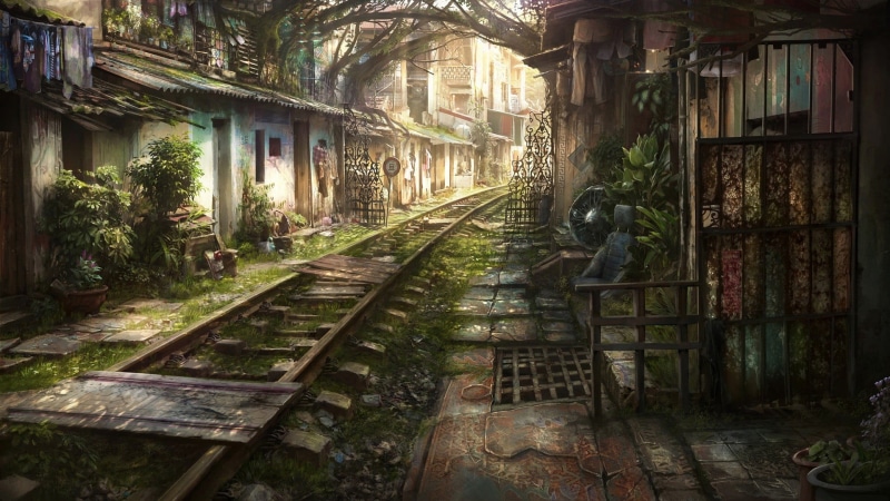 art and craft, city, graffiti, residential district, architecture, transportation, illustration, flowers, abandoned, village, built structure, house, old