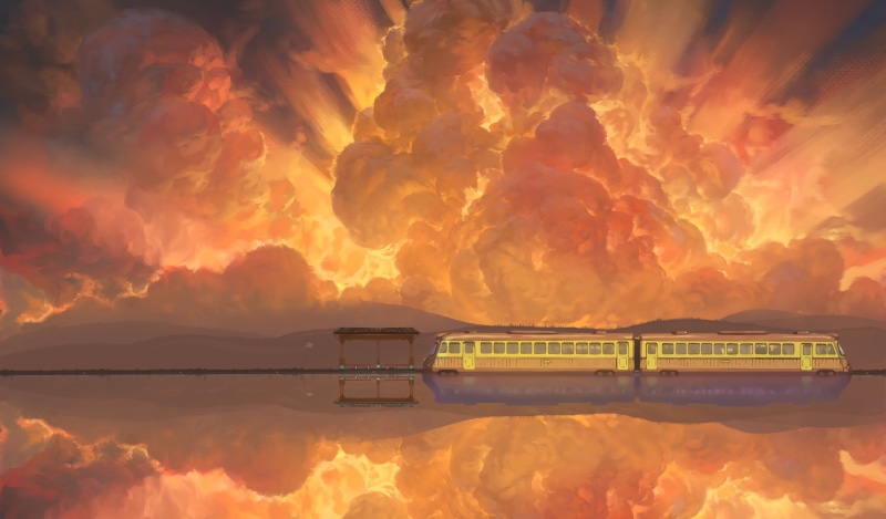 Photoshop, 5K, sky painting, Spirited Away, anime, landscape, train, painting