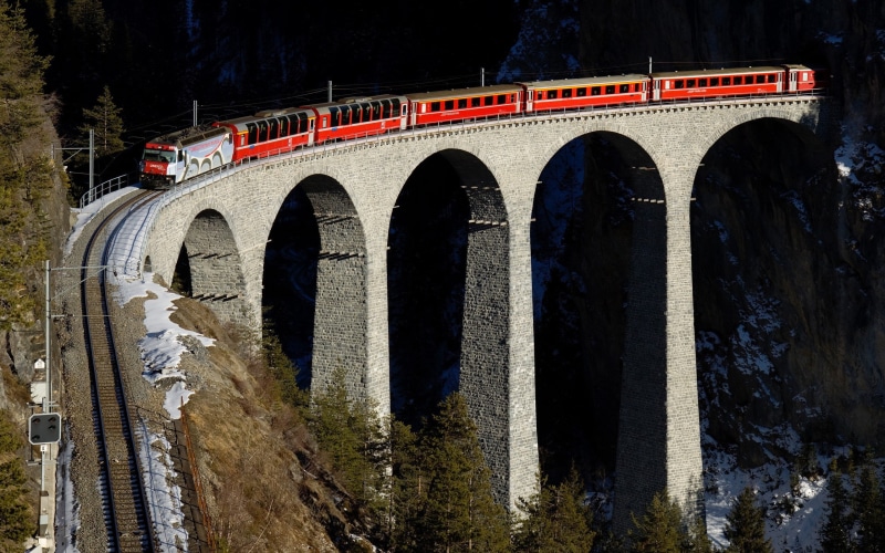 nature, Switzerland, forest, snow, railway, mountains, arch, winter, hills, bridge, train, trees, 2K