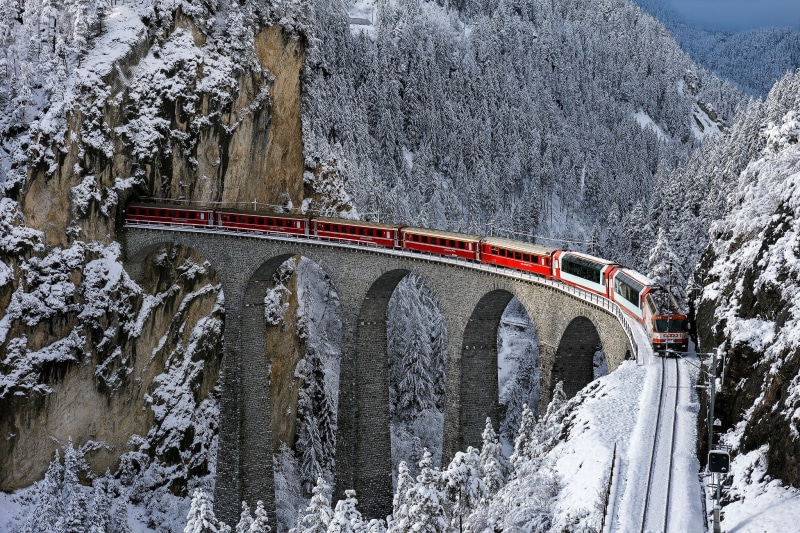 winter, Train, forest, 1080P, Trees, Switzerland, tunnel, bridge, snow, mountain, Railway