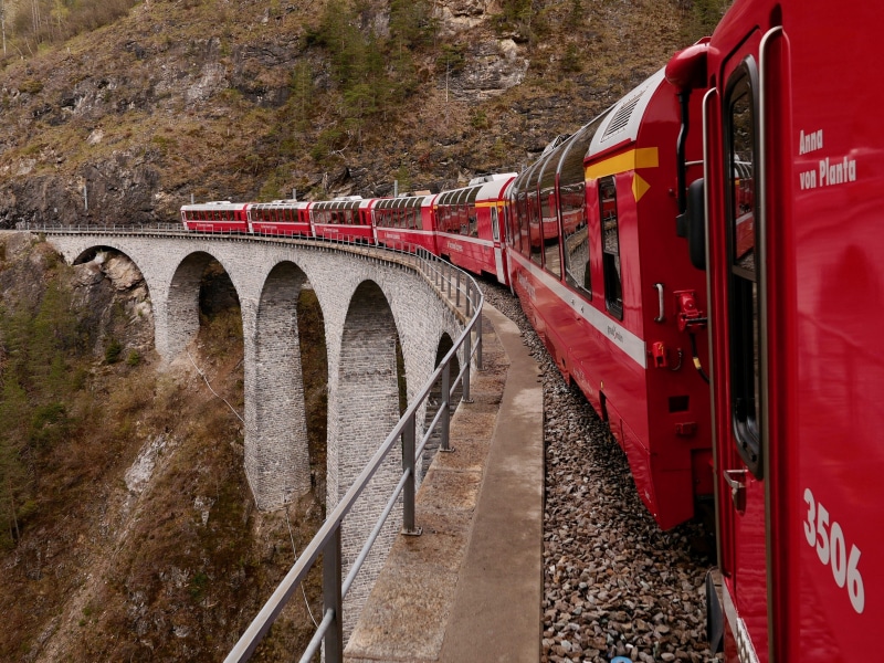 railroad track, express, alpine, built structure, connection, graubünden, no people, land vehicle, train - vehicle, panoramic car, bridge - man made structure