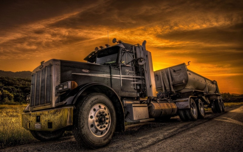 mode of transportation, wheel, black, jeep, sunset, semi-truck, truck, road, dramatic sky, old, commercial land vehicle, HDR, no people, cloud - sky, sky