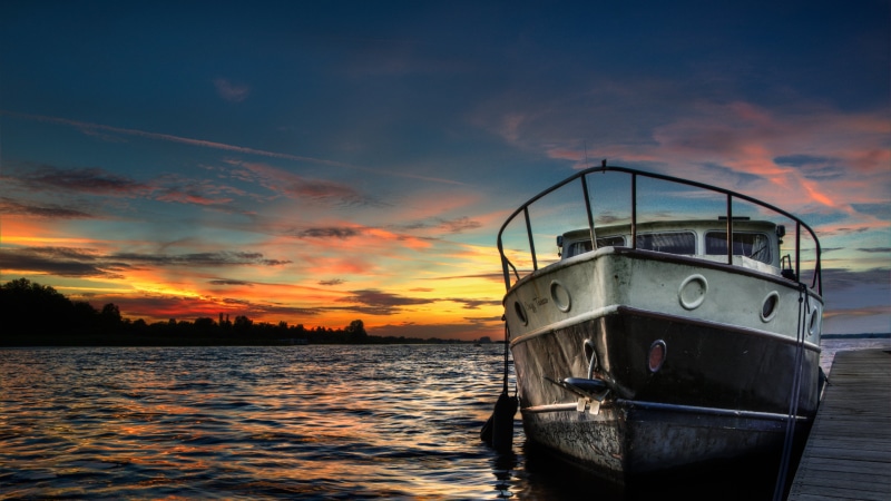 4K, sunset, boat, lake, HDR