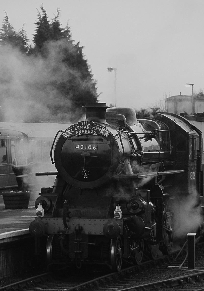 express, bokeh, land vehicle, day, photography, steam, old, public transportation, outdoors, railroad car, no people, daytime, black and white, 2K, industrial