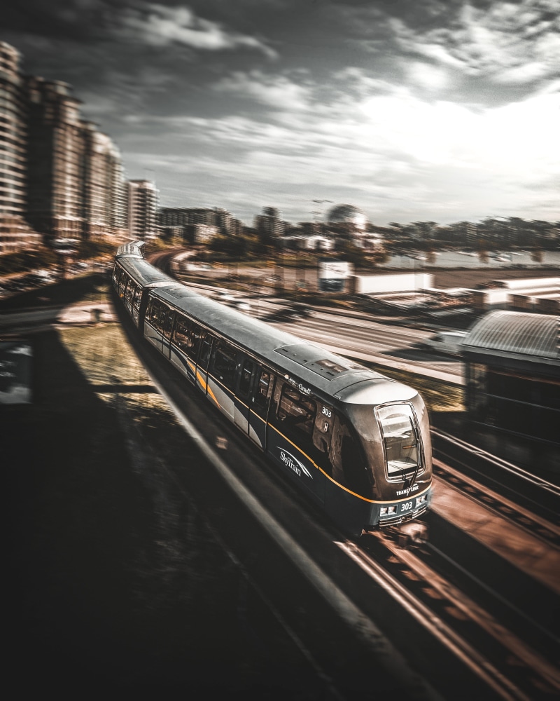 bridge, cloud - sky, city, modern, no people, travel, land vehicle, black, public transportation, commute, gray, moving, rail transportation, 4K, sky