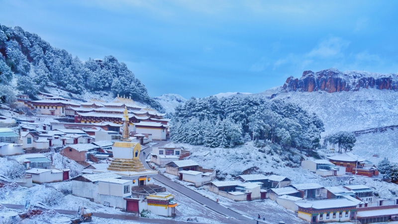tibet, buddism, village, qinghai plateau, mountain, winter, 4K, plant, building exterior, nature, beauty in nature, temple, sky, architecture, snowcapped mountain