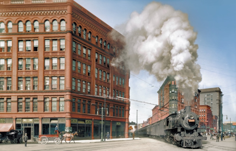 built structure, apartment, day, horse, car, USA, train, colorized photos, people, black, road, city, metal, smoke, 1080P, old photos, motor vehicle, steam locomotive