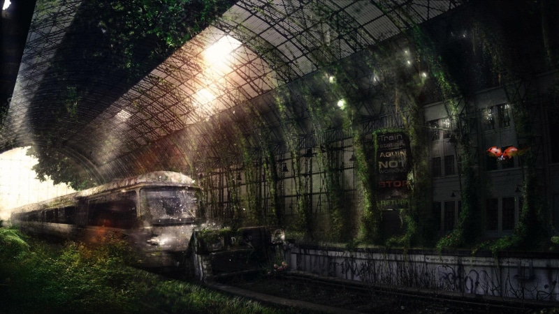 decay, train, 1080P, overgrowth, subway, gray, 1920x1080, fantasy, abandoned, tunnel, sation, station, black