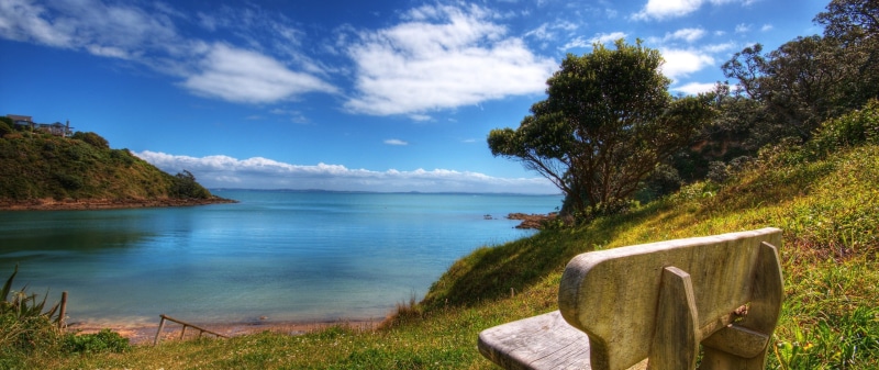 beach, water, sky, brown, idyllic, beauty in nature, bench, nature, no people, wooden, non-urban scene, day, tree, 2K, scenics - nature, land, outdoors