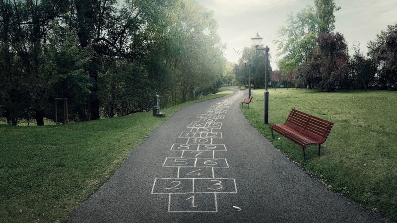 empty, artwork, bench, growth, park - man made space, brown, wooden, nature, hopscotch, diminishing perspective, day, tree, outdoors, green color, 720P