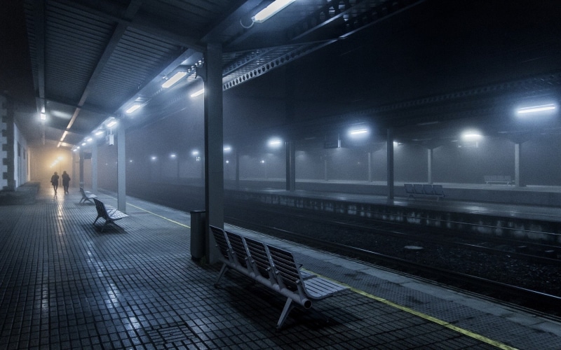 bench, 1080P, blue, Spain, mist, People, Railway, Urban, Train Station, Lights, night