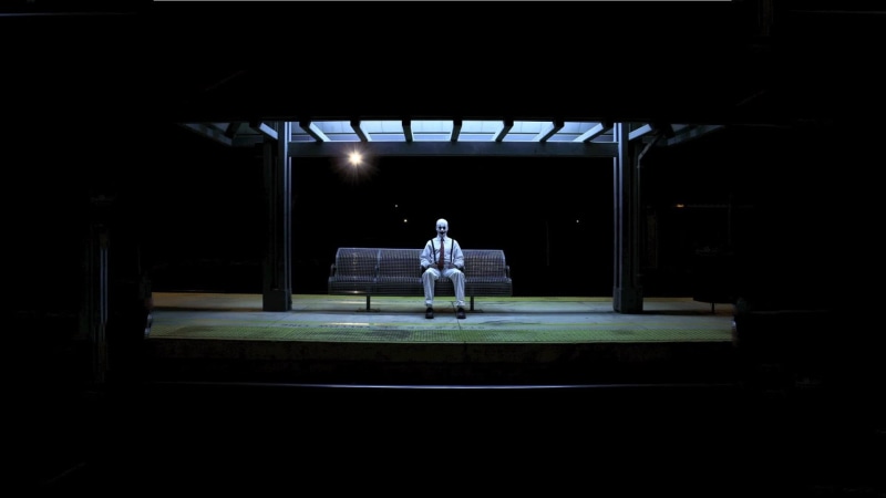 night, dark, adult, full length, architectural column, clowns, built structure, real people, waiting, lifestyles, 1080P, front view, black, men, indoors